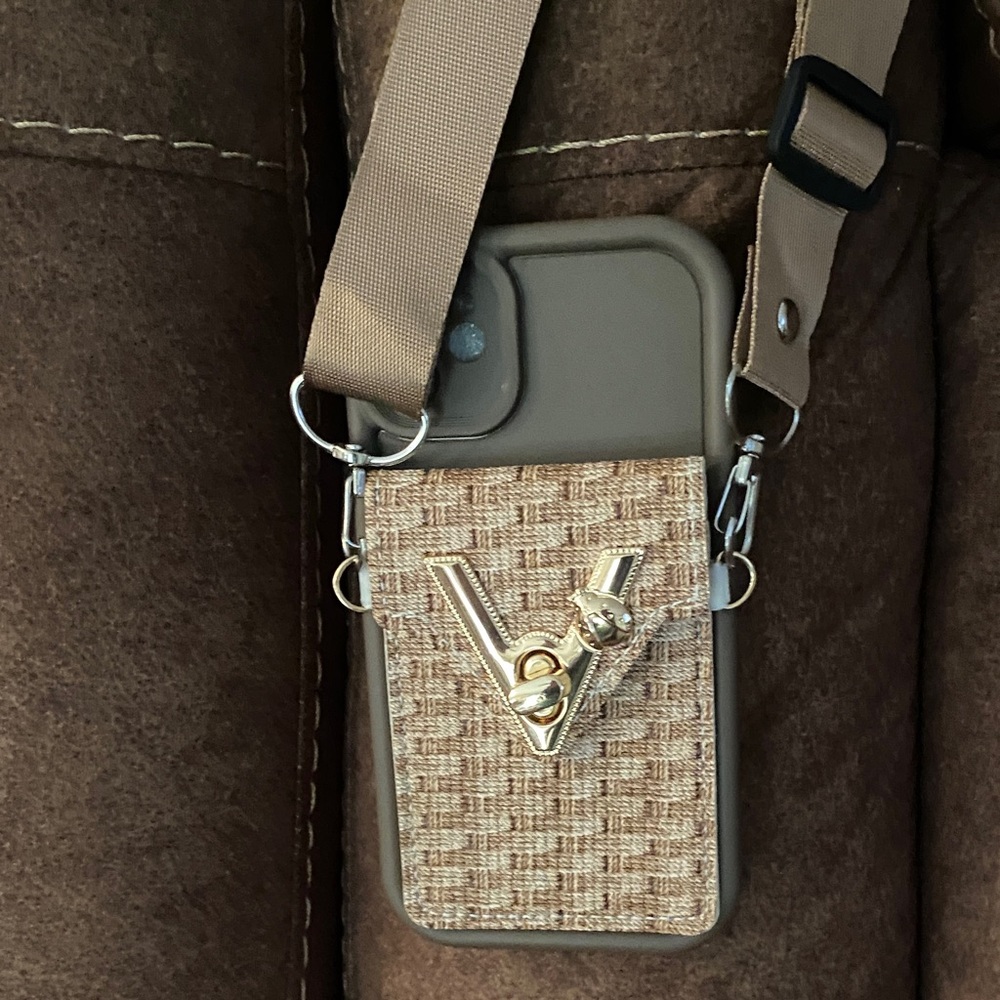 Beige Crossbody Phone Case with Gold Accent